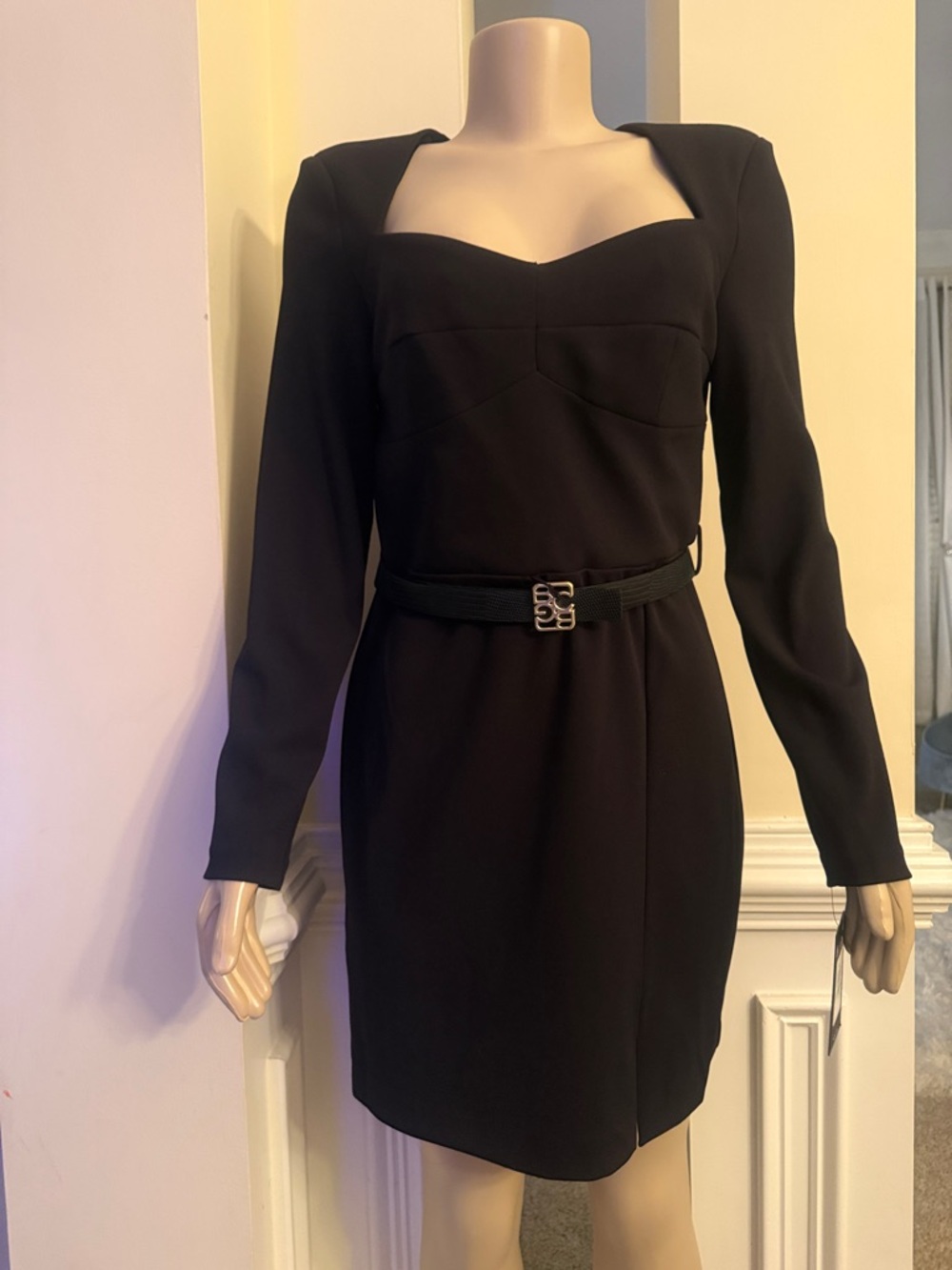 BCBG Black Long-Sleeve Sweetheart Neck Dress
